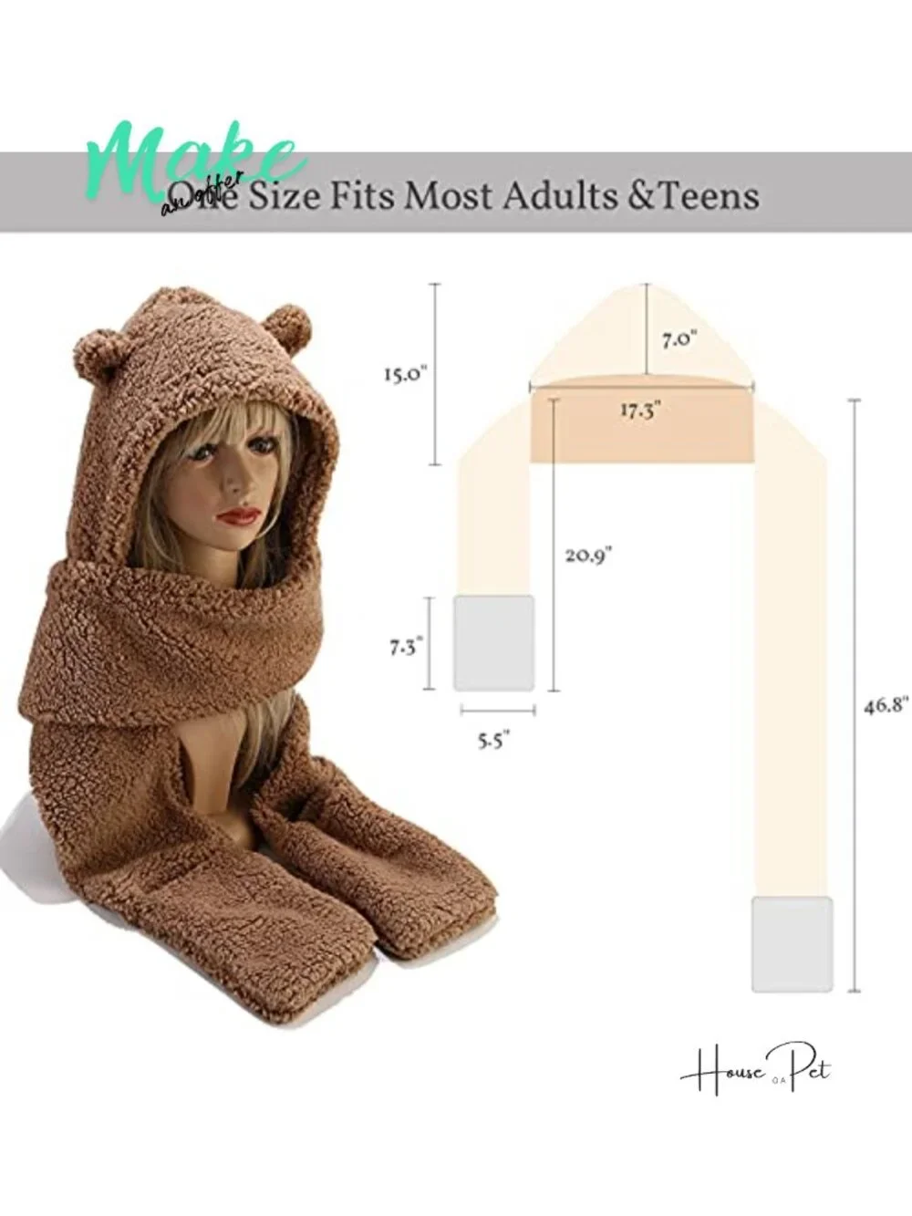 Sherpa Hood Hat Scarf Gloves 3 in 1 Hooded Scarf for Women One Size